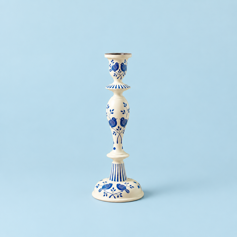 KERZENHALTER - ELFENBEINFARBE MIT BLAUEN VÖGELN